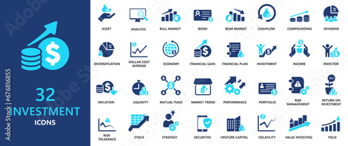 Investment icons collection. 32 sets of investment icon designs. Solid icon elements.