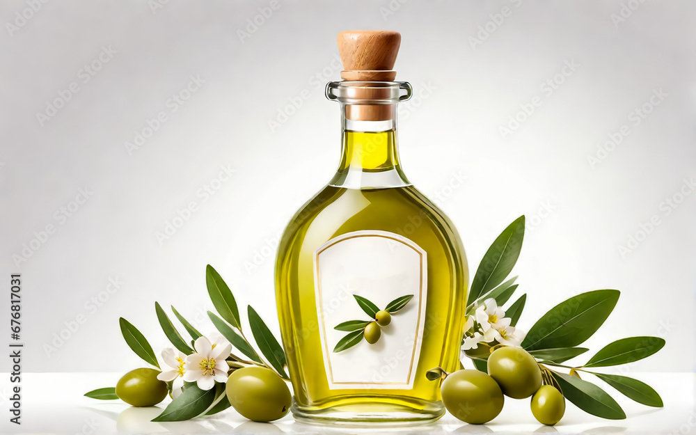 Olives with leaves and flowers. Olive oil in a bottle White background. AI
Olives with leaves and flowers. Olive oil in a bottle White background. AI