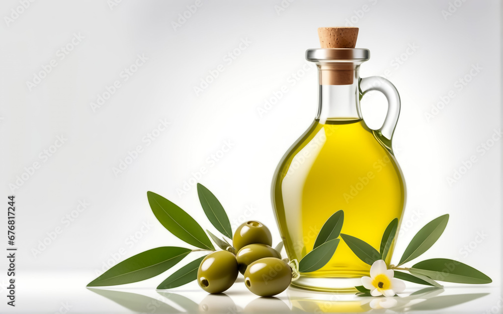 Olives with leaves and flowers. Olive oil in a bottle White background. AI
Olives with leaves and flowers. Olive oil in a bottle White background. AI