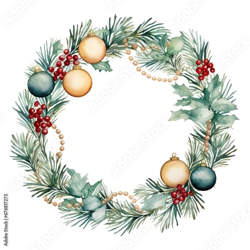 Christmas wreath of blue and gold balls and spruce branches. Watercolor illustration