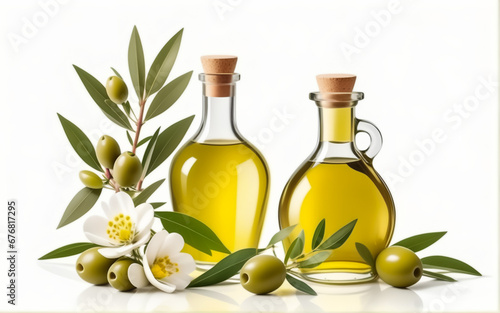 Olives with leaves and flowers. Olive oil in a bottle White background. AI 