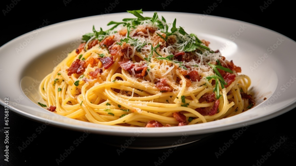  a close up of a plate of spaghetti with sauce and parmesan cheese on a black tablecloth with a black background.  generative ai