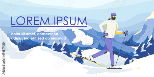 Skier man in warm white suit riding on snow hill near mountain. Snowy scenic landscape, winter active lifestyle resort. Seasonal vacation, sport outdoor activity. Vector illustration © GN.STUDIO