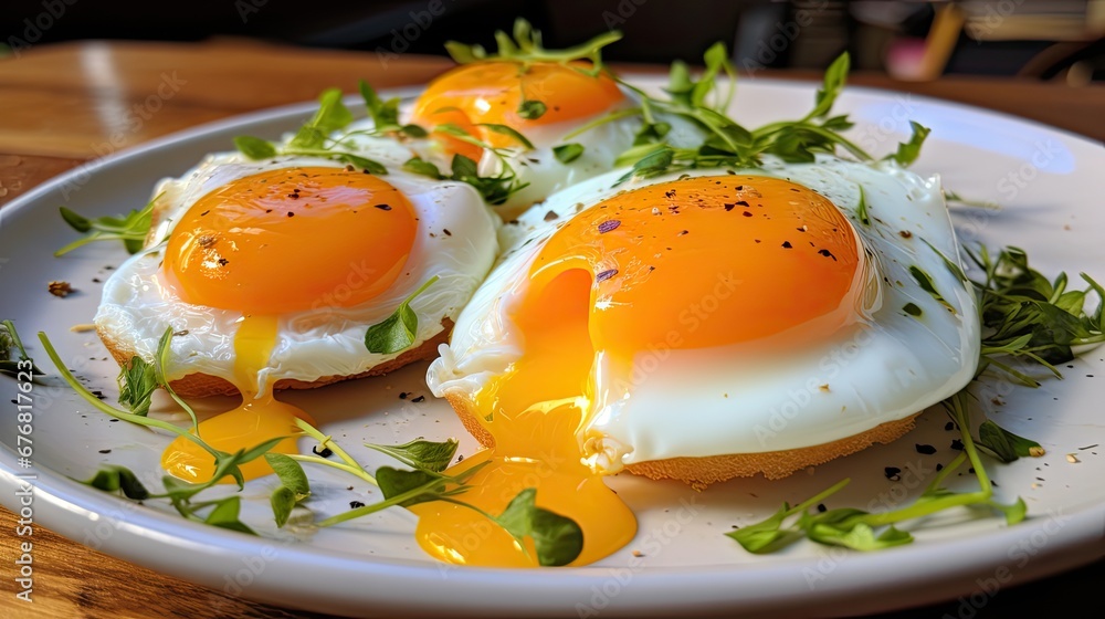 a white plate topped with two fried eggs on top of a green leafy bed of lettuce on top of a wooden table. generative ai a white plate topped with two fried eggs on top of a green leafy bed of lettuce on top of a wooden table. generative ai