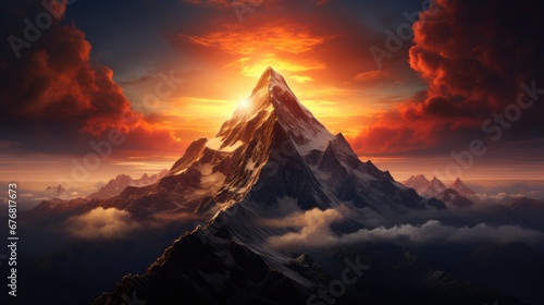  a painting of a mountain peak with the sun setting in the background and clouds in the foreground, with a red and yellow sky in the foreground. generative ai