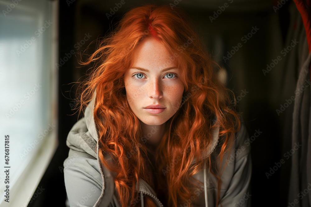 Beautiful young woman with red hair and blue eyes with a gentle smile Beautiful young woman with red hair and blue eyes with a gentle smile