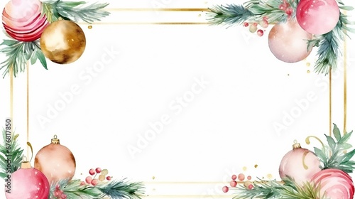 Christmas border with pink balls on white background. Watercolor Christmas and New Year background