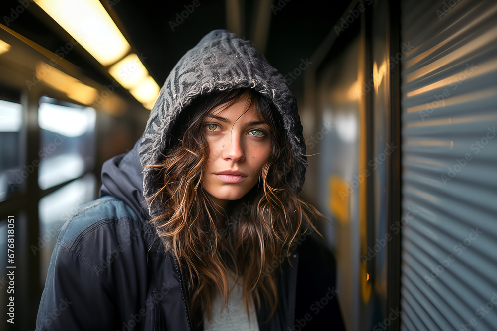 Young homeless woman looking to the camera with empty eyes