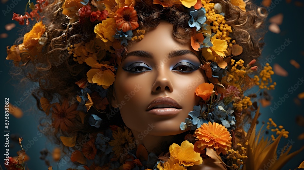 Floral Radiance: Close-Up of a Woman with Colorful Flowers in Her Hair