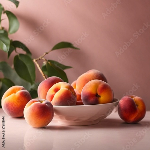 An AI illustration of the bowl of fresh peaches sits on the counter top next to a potted