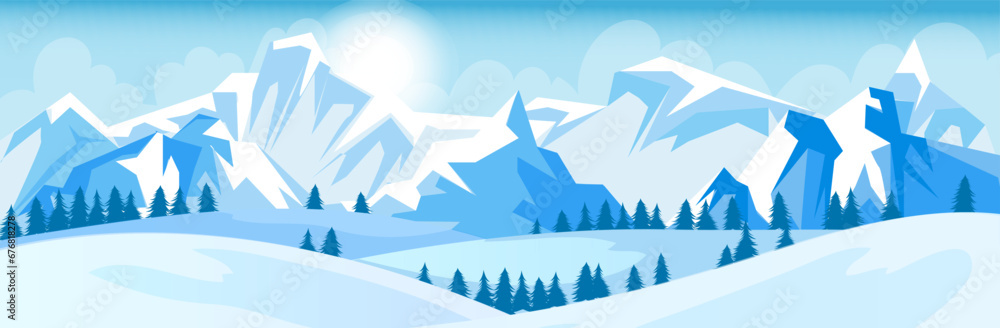 Scenic snowy mountain landscape. Panoramic view. Outdoor tourism activity. Winter time. High peak, steep rock. Adventure climbing and travelling. Frost and cold. Pine forest. Vector illustration
