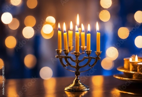 An AI illustration of gold menorah with five candles in front of lit up lights photo
