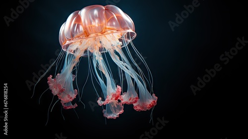  a close up of a jellyfish on a black background with a blue light in the middle of the image.  generative ai