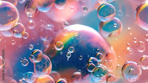  a bunch of soap bubbles floating on top of a blue and pink surface with a rainbow hued sky in the background. generative ai