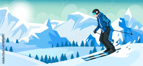 Skier man in warm blue clothes riding on snow hill near mountain. Snowy scenic landscape, winter active lifestyle resort. Seasonal vacation, sport outdoor activity. Vector illustration