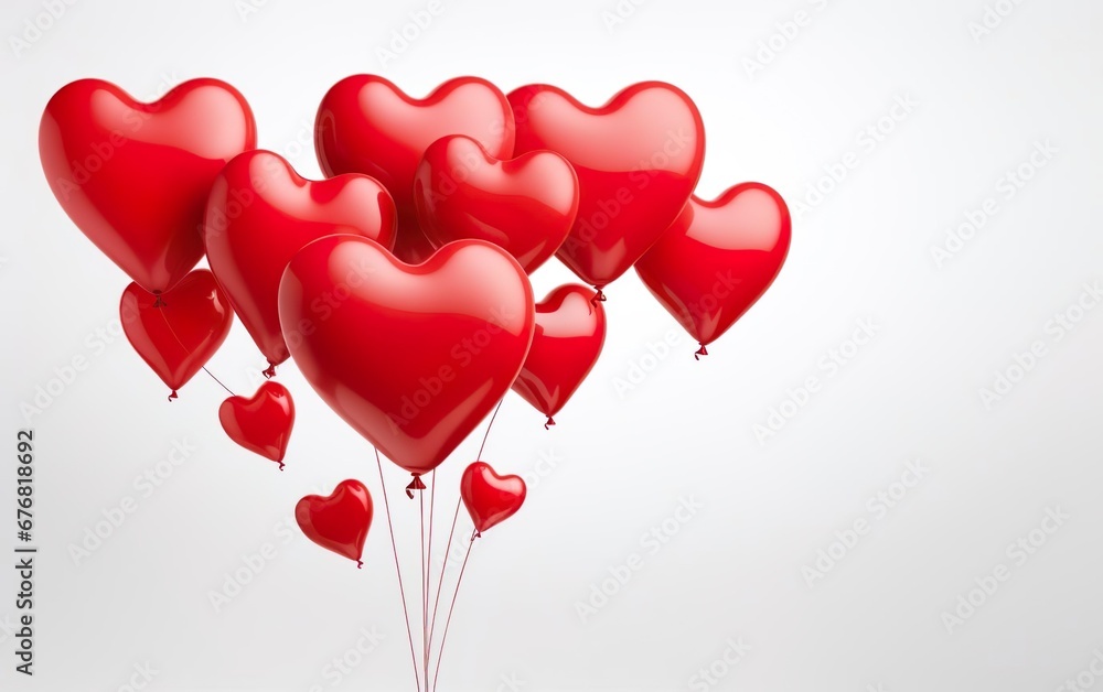 Bunch of red heart shaped latex balloons isolated on white background. Valentines day, engagement or wedding party poster. Copy space at the right. AI Generative