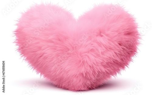 Big pink shaggy heart pillow isolated on white background. Plush, fluffy decoration. Valentines day, engagement or wedding party poster. AI Generative