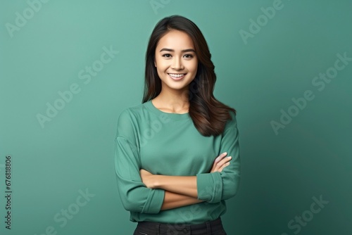 photo portrait of young asia lady with positive expression, arms crossed, smile broadly, dressed in casual clothing, generative ai