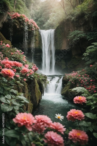 Beautiful orange, pink, red flowers around the waterfall in the forest. Nature, travel, sightseeing concepts