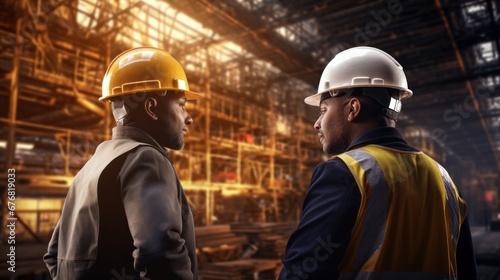 Industrial workers in safety vests and hard hats collaborating on a project, engineer, industrial, safety, construction, factory, building, development, architect, production