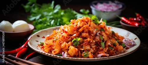 Spicy salted egg with salad dried shrimp. AI generated image