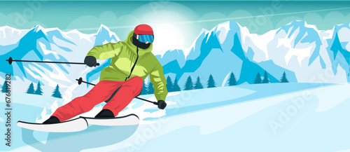 Skier in green jacket doing outdoor activity, slalom and ski freestyle ride. Scenic mountain landscape, extreme sport. Winter holiday resort. Pine forest, high peak and downhill. Vector illustration