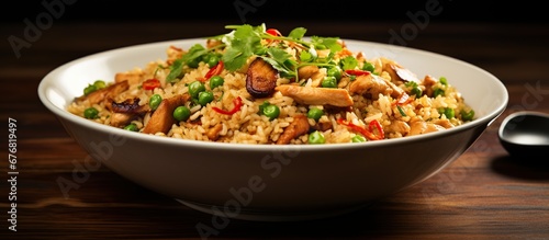 Delicious Fried rice with chicken served on white plate. AI generated image