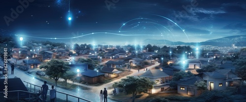 Connected houses. Digital community and smart homes. Houses at night with data transactions. © Simon