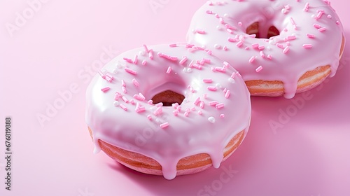  two donuts with white frosting and pink sprinkles on a pink background with a bite taken out of one.  generative ai