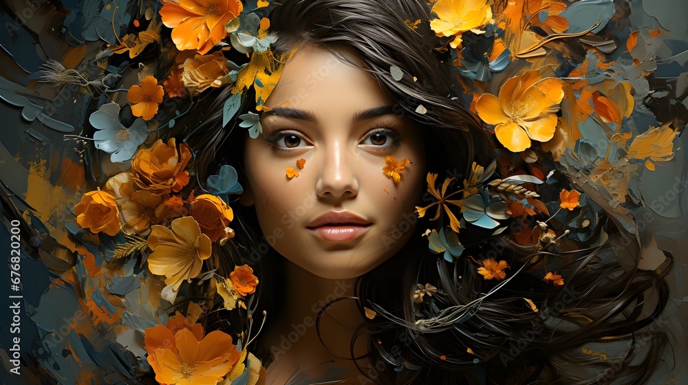 Floral Radiance: Close-Up of a Woman with Colorful Flowers in Her Hair Floral Radiance: Close-Up of a Woman with Colorful Flowers in Her Hair