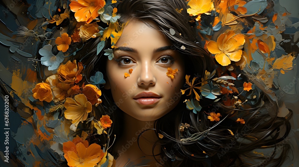 Floral Radiance: Close-Up of a Woman with Colorful Flowers in Her Hair