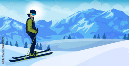 Skier man in warm clothes standing on snow hill near mountain. Snowy scenic landscape, winter active lifestyle resort. Seasonal vacation, sport outdoor activity. Vector illustration