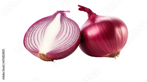 Red onion cut in half isolated on transparent background, image with background removed, created with Generative Ai technology.