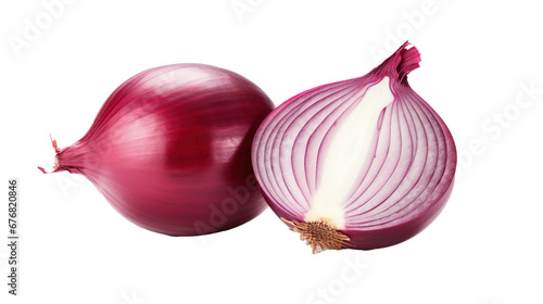 Red onion cut in half isolated on transparent background, image with background removed, created with Generative Ai technology.