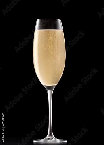 Glass of champagne on black background. Isolated champagne glass on black.