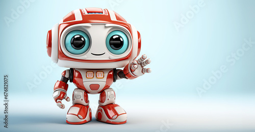 cute cartoon character happy robot points hand finger at copy space on an white isolated background © alexkoral