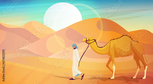 Bedouin in traditional wear with caravan camel travelling across sahara desert panoramic view, outdoor scenic landscape, arabic sand dune. Summer vacation travel, holiday resort. Vector illustration