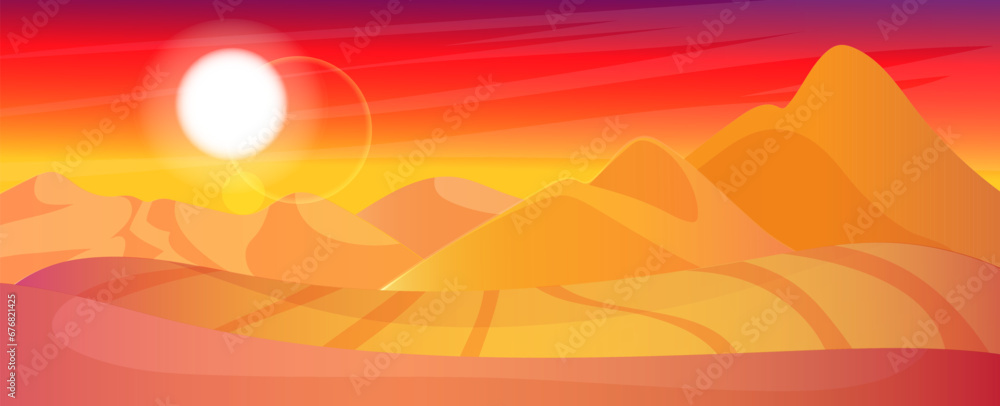 Bloody red Sahara desert panoramic view sunset and sunrise, outdoor scenic landscape, arabic sand dune. Summer vacation travel, holiday resort. Yellow and orange color horizon. Vector illustration