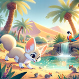 Vibrant Oasis Scene with Playful Fennec Fox and Tropical Parrot Among Palm Trees - Concept of Wildlife Harmony and Exotic Landscapes