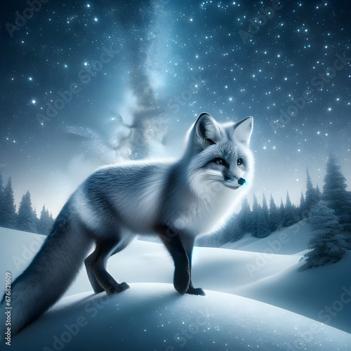 Arctic Fox in Snowy Landscape Under Starry Night Sky - Concept of Winter Wilderness  Adaptation  and Natural Beauty