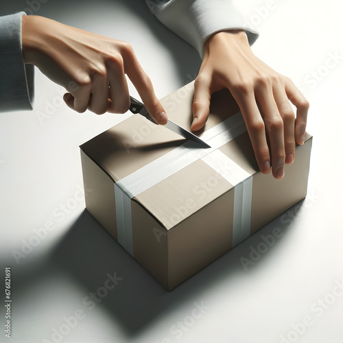 Close-Up of Hands Using a Knife to Open a Sealed Cardboard Package - Concept of Delivery, Unboxing Experience, and Secure Packaging