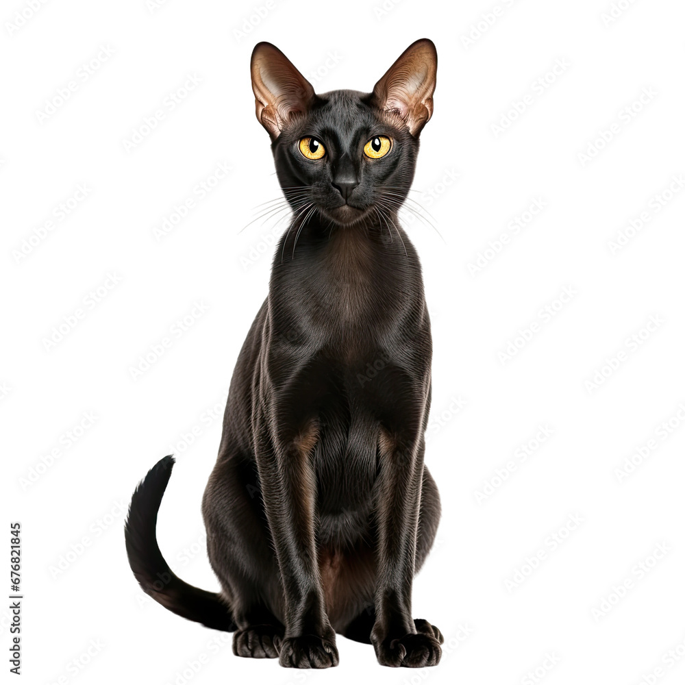 Elegant Black Oriental Cat Sitting Isolated on Transparent Background, Front View Elegant Black Oriental Cat Sitting Isolated on Transparent Background, Front View
