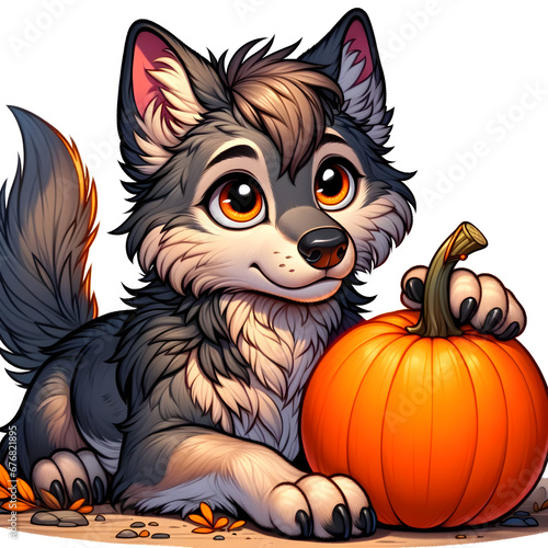 Cartoon Illustration of a Friendly Wolf Pup with a Pumpkin - Concept of Autumn Celebrations, Playful Animals, and Festive Seasons