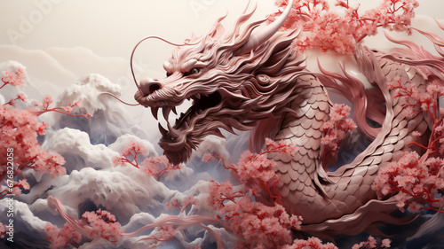 Chinese Dragon, Chinese Zodiac.illustration fantasy anime manga pink dragon with pink cherry blossom flower and tree for Chinese new year 2024 Asian Celebration, Generative Ai.