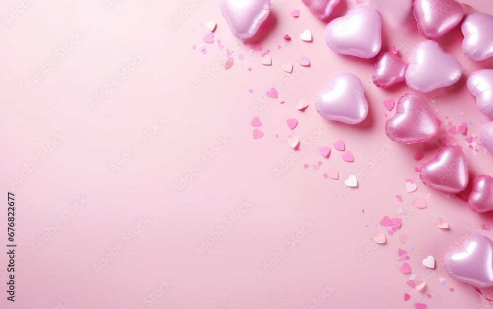 Pink background with heart shaped balloons and confetti, over the shoulder, top view, flat lay, copy space at the left. Valentines day, engagement or wedding party poster. AI Generative