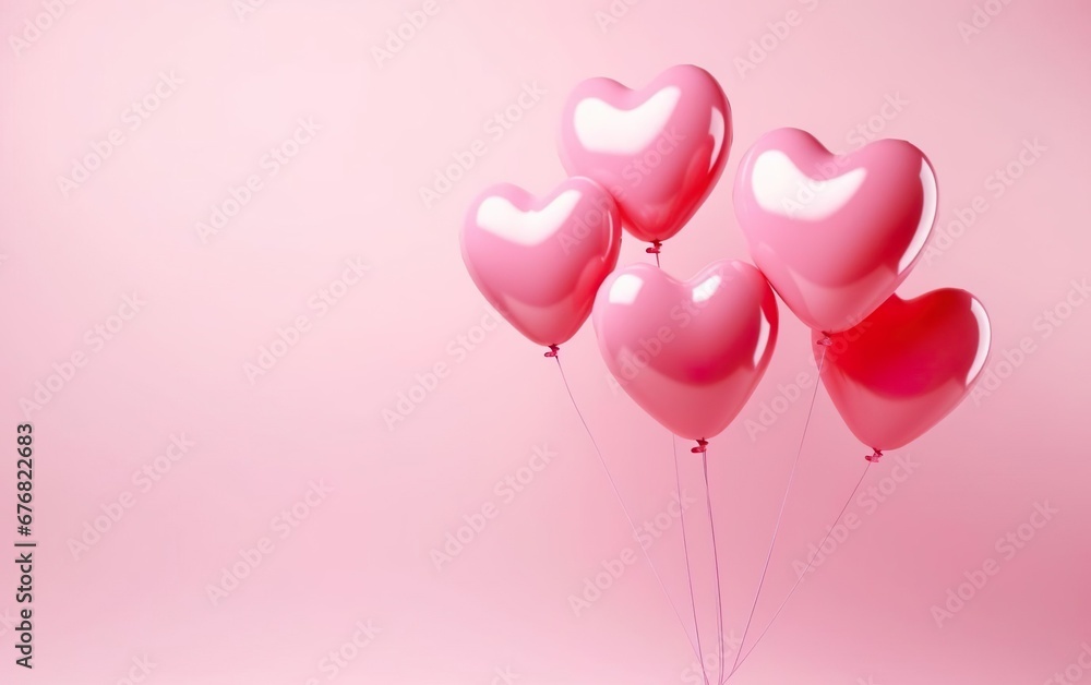 Bunch of pink heart shaped latex balloons tied together isolated on pastel pink background. Copy space at the left. Valentines day, engagement or wedding party poster. AI Generative