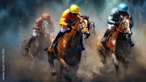 Intense horse race at full gallop. Epic lighting. © Simon
