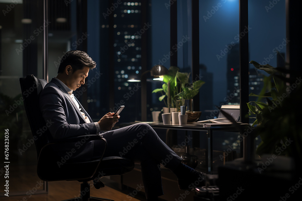 Businessman sitting and looking at his smartphone in office room. Portrait of man in suit reading message with smartphone. Successful employer sitting and typing on mobile phone. Generative AI