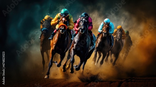 Intense horse race at full gallop. Epic lighting.