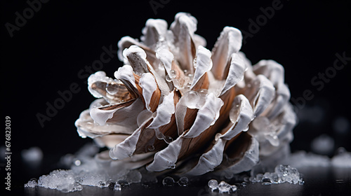Close up shot of a frosty pine cone with ice  photo